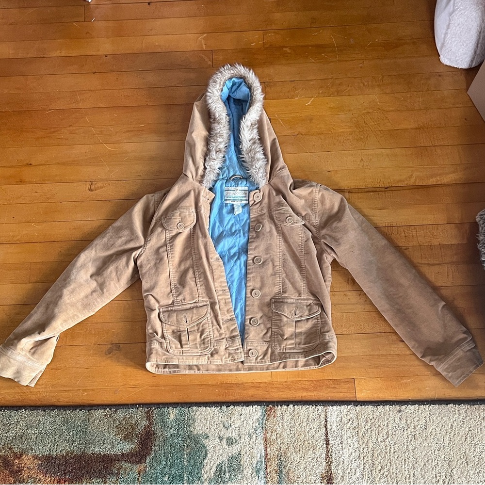 Aeropostale Faux Fur hooded Tan Jacket with Blue Hood Lining